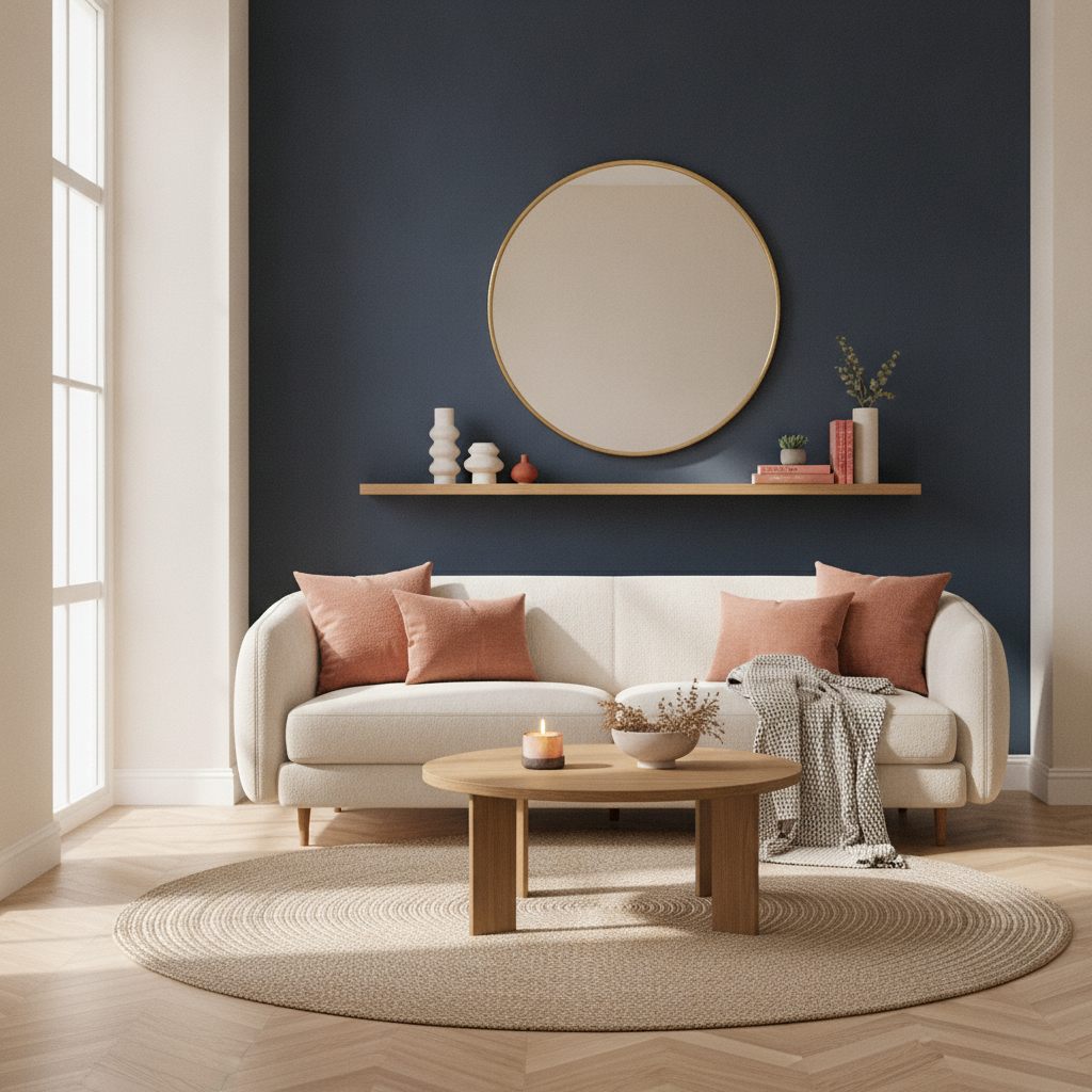 Living room with a deep navy feature wall