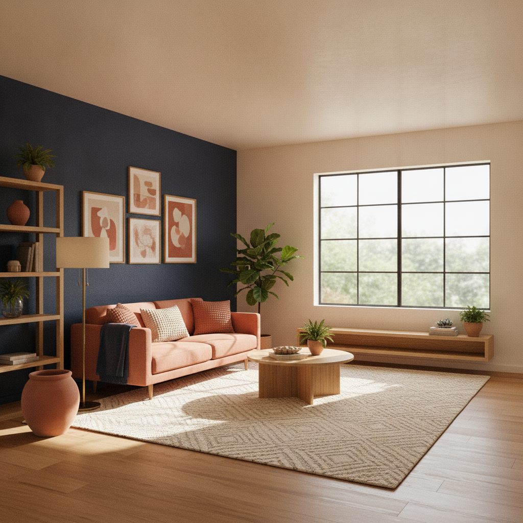 The same living room professionally designed with a navy feature wall